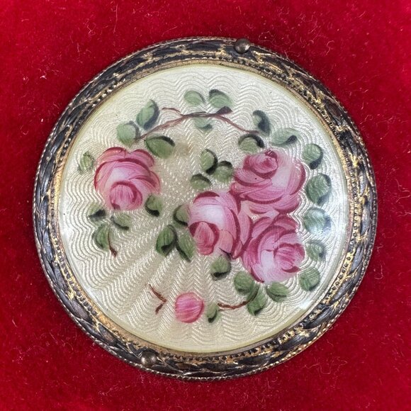 Antique Vanity Hand Mirror Red Velvet Guilloche Enamel Plaque Floral Brass - Picture 4 of 12